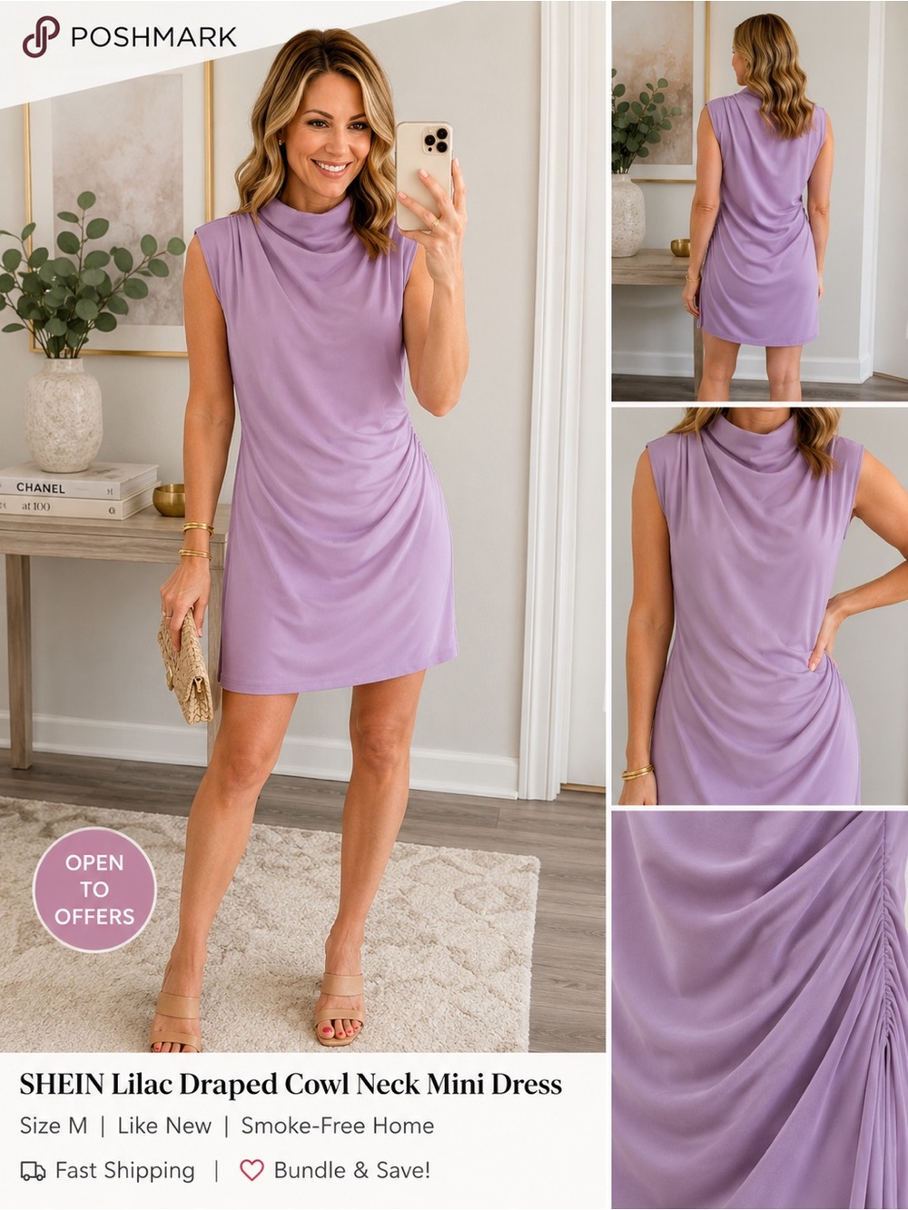 SHEIN Lilac Draped Cowl Neck Mini Dress
